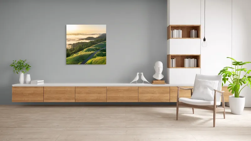 Tablou Canvas, "Drum serpuitor prin dealuri verzi", Apus, Ceață, Dealuri, Drum, Pădure, Lumină, Verdeață, Orizont, Cer, Peisaj, 100 x 100 cm – poza 8