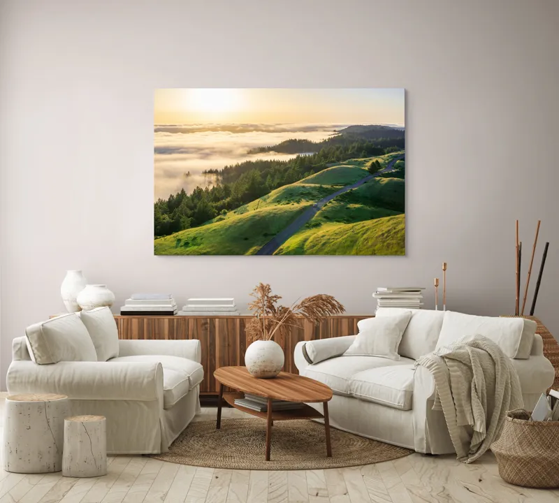 Tablou Canvas, "Drum serpuitor prin dealuri verzi", Apus, Ceață, Dealuri, Drum, Pădure, Lumină, Verdeață, Orizont, Cer, Peisaj, 150 x 100 cm – poza 3