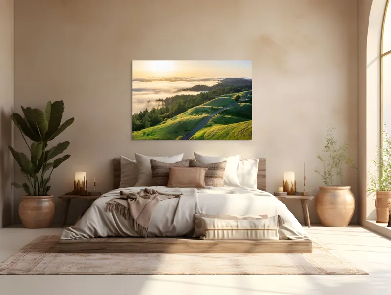 Tablou Canvas, "Drum serpuitor prin dealuri verzi", Apus, Ceață, Dealuri, Drum, Pădure, Lumină, Verdeață, Orizont, Cer, Peisaj, 150 x 100 cm – poza 4