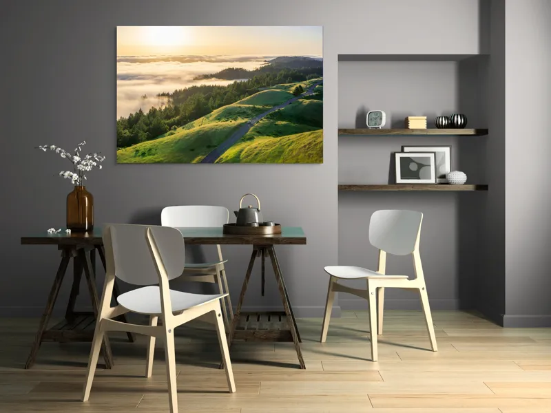 Tablou Canvas, "Drum serpuitor prin dealuri verzi", Apus, Ceață, Dealuri, Drum, Pădure, Lumină, Verdeață, Orizont, Cer, Peisaj, 150 x 100 cm – poza 5