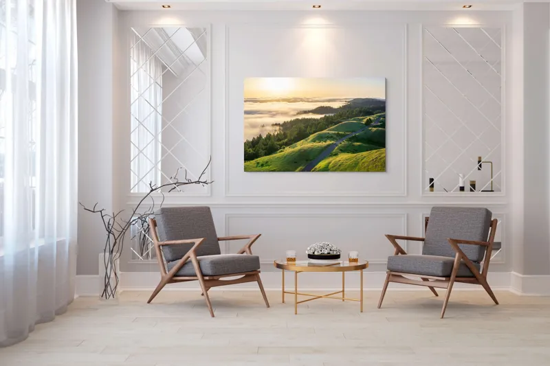 Tablou Canvas, "Drum serpuitor prin dealuri verzi", Apus, Ceață, Dealuri, Drum, Pădure, Lumină, Verdeață, Orizont, Cer, Peisaj, 150 x 100 cm – poza 7