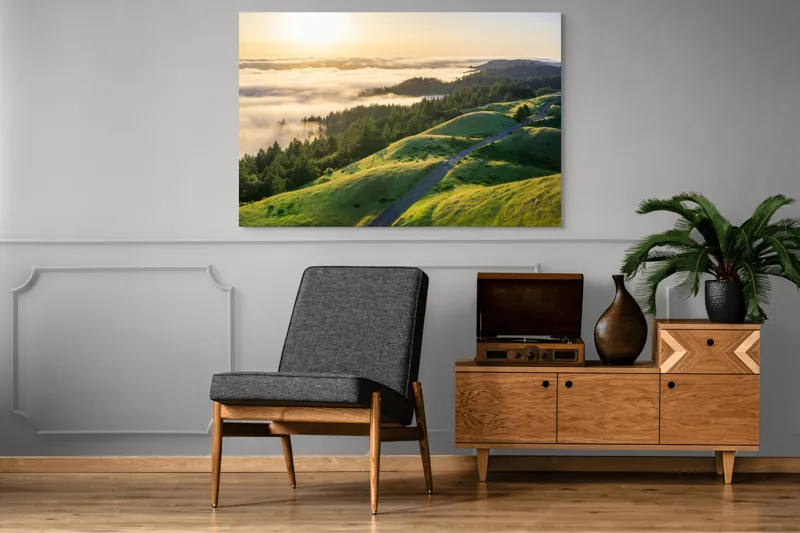 Tablou Canvas, "Drum serpuitor prin dealuri verzi", Apus, Ceață, Dealuri, Drum, Pădure, Lumină, Verdeață, Orizont, Cer, Peisaj, 150 x 100 cm – poza 8