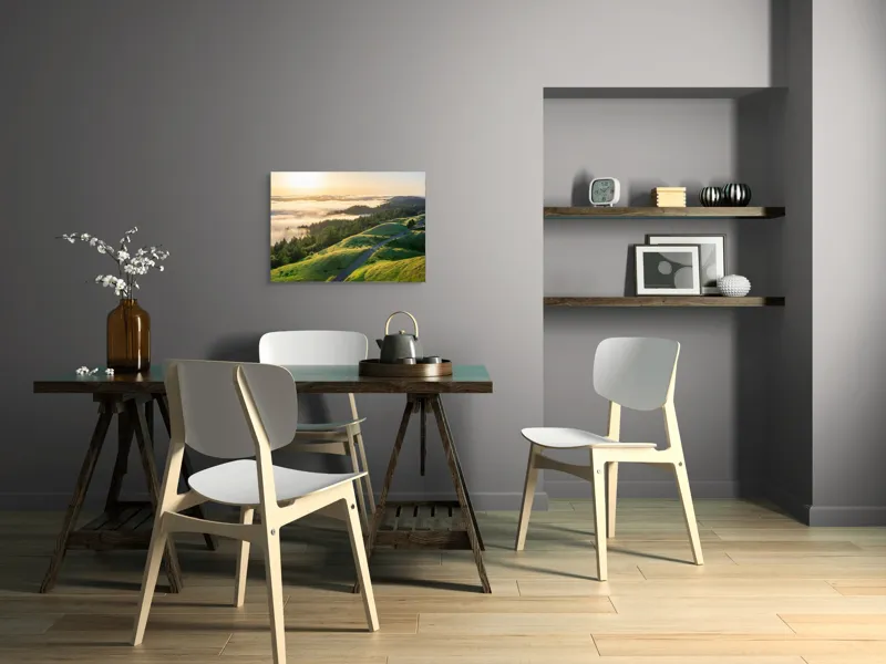 Tablou Canvas, "Drum serpuitor prin dealuri verzi", Apus, Ceață, Dealuri, Drum, Pădure, Lumină, Verdeață, Orizont, Cer, Peisaj, 70 x 50 cm – poza 5