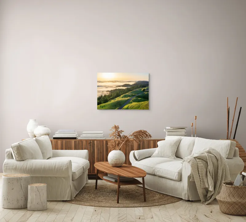 Tablou Canvas, "Drum serpuitor prin dealuri verzi", Apus, Ceață, Dealuri, Drum, Pădure, Lumină, Verdeață, Orizont, Cer, Peisaj, 70 x 50 cm – poza 6