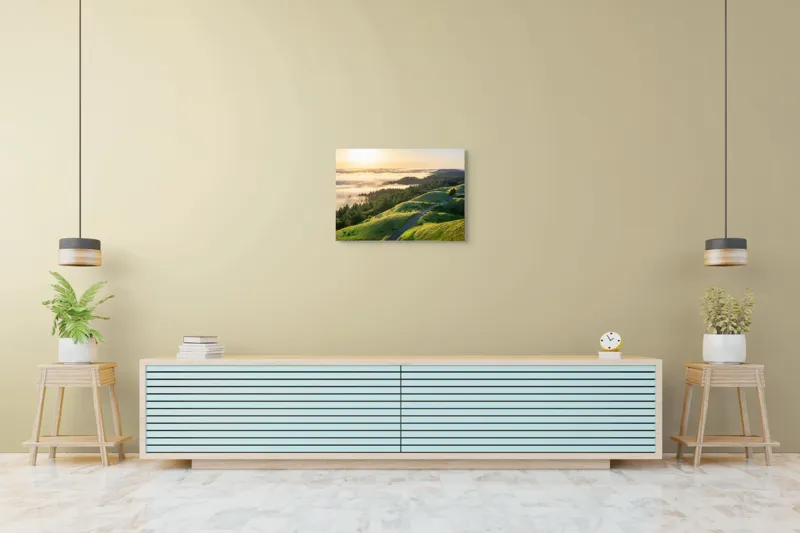 Tablou Canvas, "Drum serpuitor prin dealuri verzi", Apus, Ceață, Dealuri, Drum, Pădure, Lumină, Verdeață, Orizont, Cer, Peisaj, 70 x 50 cm – poza 7