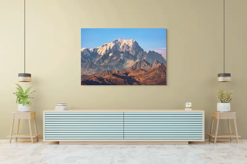 Tablou Canvas, "Măreția Munților Înzăpeziți la Apus", Munte, Zapadă, Vârf, Creste, Cer, Albastru, Stâncos, Majestic, Peisaj, Natura, 150 x 100 cm – poza 6
