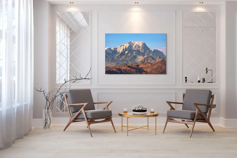 Tablou Canvas, "Măreția Munților Înzăpeziți la Apus", Munte, Zapadă, Vârf, Creste, Cer, Albastru, Stâncos, Majestic, Peisaj, Natura, 150 x 100 cm – poza 7