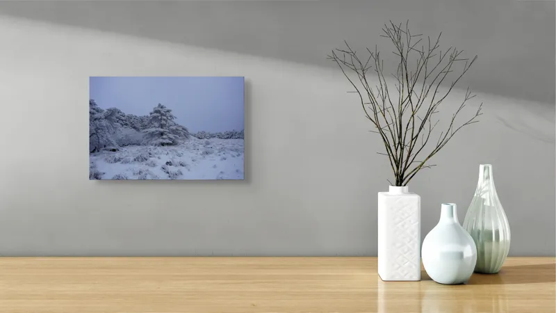 Tablou Canvas, "Pădure înghețată sub cerul albastru", Albastru, Rece, Ninsoare, Copaci, Iarnă, Tăcere, Înghețat, Natură, Peisaj, Tranquilitate, 39 x 26 cm – poza 8