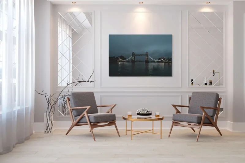 Tablou Canvas, "Podul Londonez în amurg ploios", Pod, Lumină, Noapte, Reflecție, Cer, Turnuri, Râu, Siluetă, Nor, Peisaj., 150 x 100 cm – poza 7