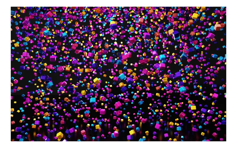Tablou Canvas, "Plutirea cuburilor multicolore în lumina serii", Cuburi, Culoare, Plutire, Energie, Lumină, Viu, Dinamic, Bucurie, Variație, Strălucire, 54 x 39 cm