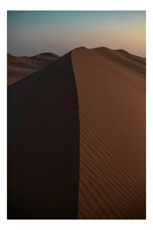 Tablou Canvas, "Dunele tăcute ale deșertului pustiu", Deșert, Dune, Nisip, Umbre, Cer, Ondulații, Linii, Textură, Apus, Tăcere, 50 x 90 cm