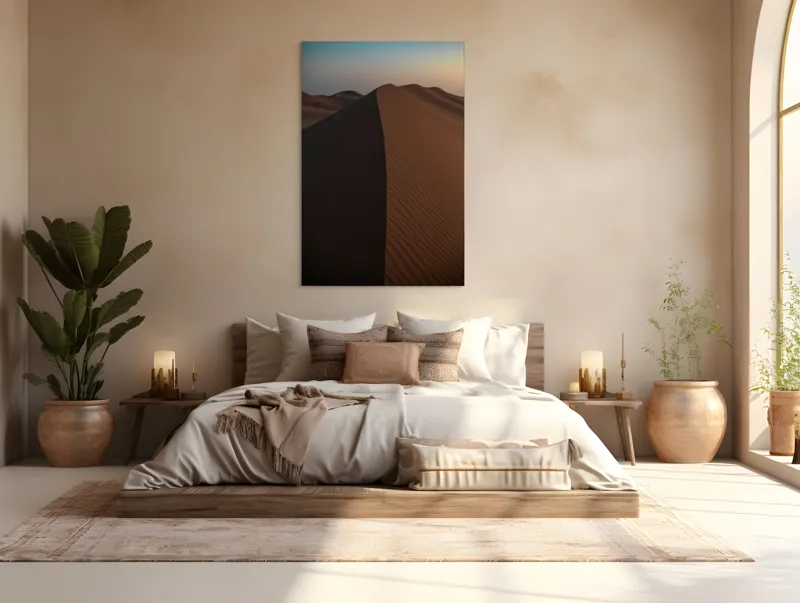 Tablou Canvas, "Dunele tăcute ale deșertului pustiu", Deșert, Dune, Nisip, Umbre, Cer, Ondulații, Linii, Textură, Apus, Tăcere, 100 x 150 cm – poza 3