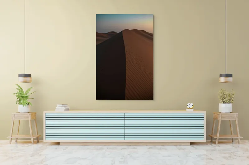 Tablou Canvas, "Dunele tăcute ale deșertului pustiu", Deșert, Dune, Nisip, Umbre, Cer, Ondulații, Linii, Textură, Apus, Tăcere, 100 x 150 cm – poza 4