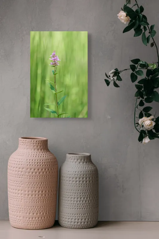 Tablou Canvas, "Floare solitară în verde infinit", Floare, Mov, Delicată, Verdeață, Natură, Singurătate, Verticalitate, Simplitate, Fragilitate, Prospețime, 26 x 39 cm – poza 6