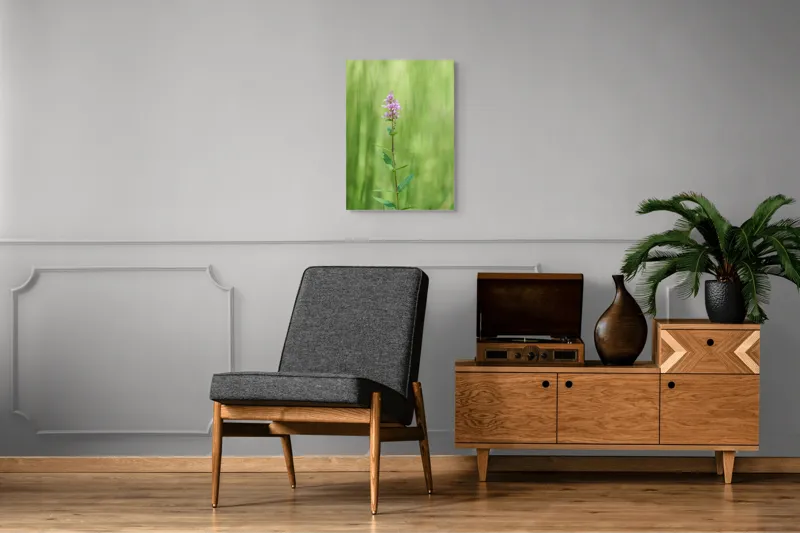 Tablou Canvas, "Floare solitară în verde infinit", Floare, Mov, Delicată, Verdeață, Natură, Singurătate, Verticalitate, Simplitate, Fragilitate, Prospețime, 50 x 70 cm – poza 8