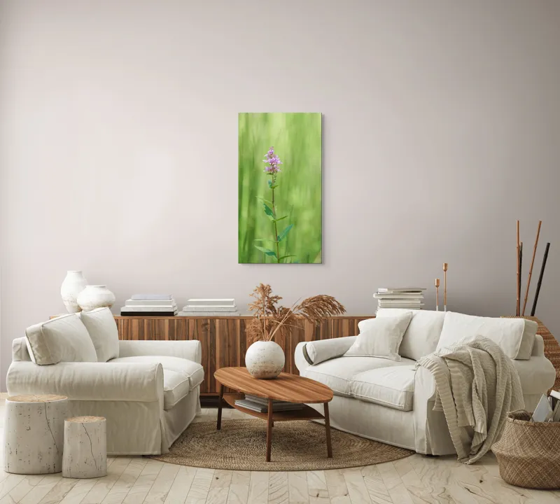 Tablou Canvas, "Floare solitară în verde infinit", Floare, Mov, Delicată, Verdeață, Natură, Singurătate, Verticalitate, Simplitate, Fragilitate, Prospețime, 50 x 90 cm – poza 7