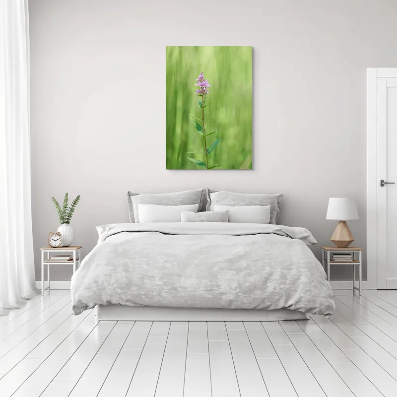 Tablou Canvas, "Floare solitară în verde infinit", Floare, Mov, Delicată, Verdeață, Natură, Singurătate, Verticalitate, Simplitate, Fragilitate, Prospețime, 70 x 100 cm – poza 3