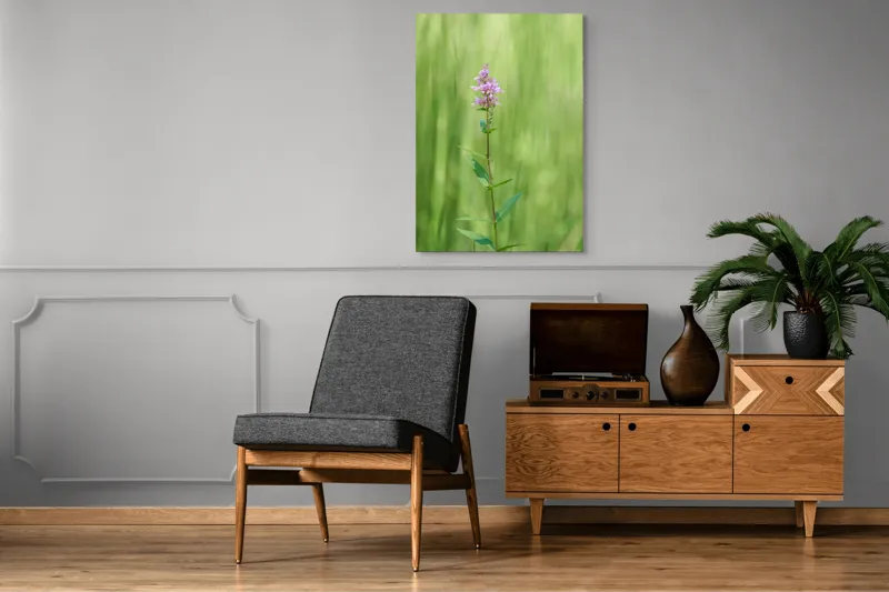 Tablou Canvas, "Floare solitară în verde infinit", Floare, Mov, Delicată, Verdeață, Natură, Singurătate, Verticalitate, Simplitate, Fragilitate, Prospețime, 70 x 100 cm – poza 6