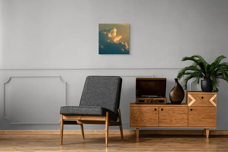 Tablou Canvas, "Păsare plutind printre nori aurii", Nor, Lumină, Păsări, Cer, Apus, 50 x 50 cm – poza 6