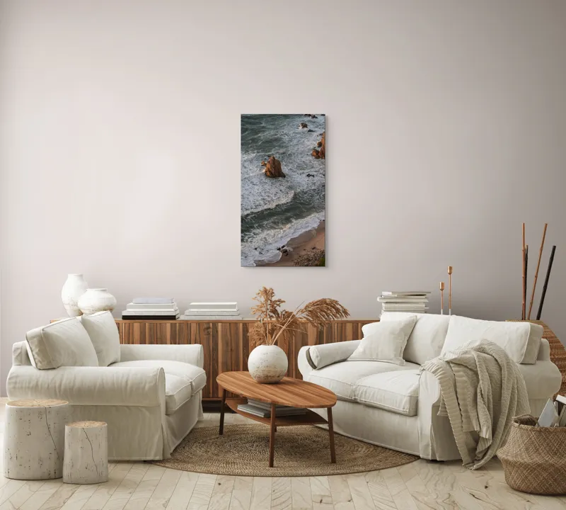 Tablou Canvas, "Valuri spumoase la țărmul stâncos", Valuri, Stânci, Apus, Plajă, Spumă, Ocean, Peisaj, Natură, Frumusețe, Liniște, 50 x 90 cm – poza 7