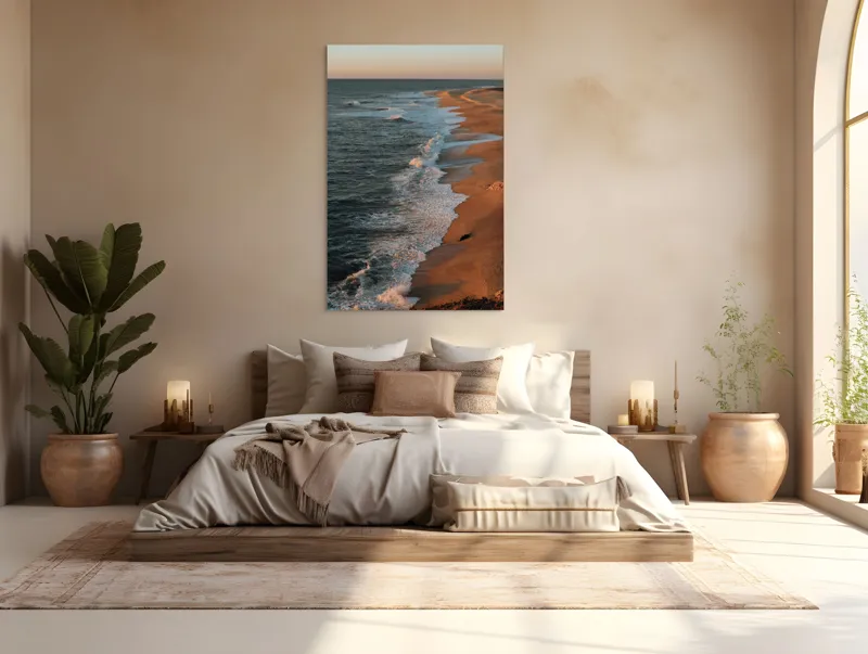 Tablou Canvas, "Apus liniștit pe plajă pustie", Ocean, Apus, Nisip, Valuri, Liniște, Umbre, Coastă, 100 x 150 cm – poza 3