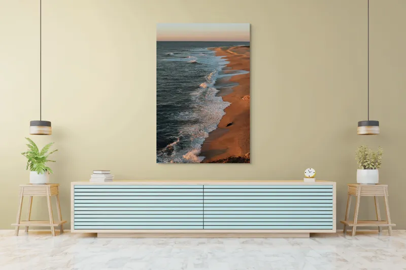 Tablou Canvas, "Apus liniștit pe plajă pustie", Ocean, Apus, Nisip, Valuri, Liniște, Umbre, Coastă, 100 x 150 cm – poza 4