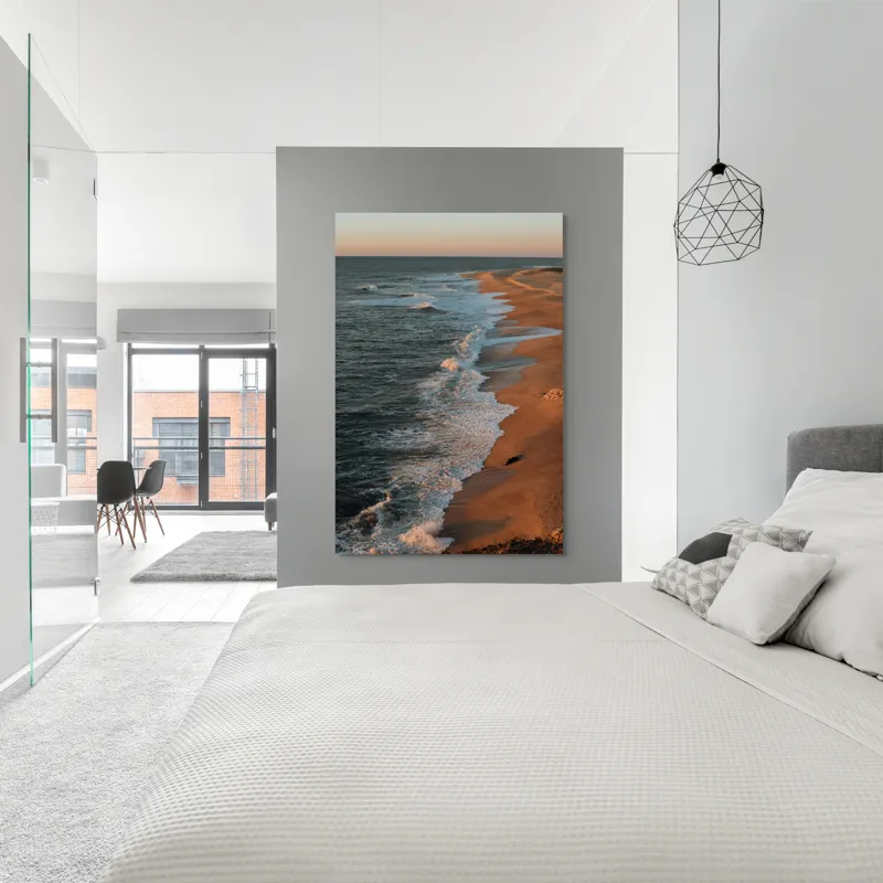 Tablou Canvas, "Apus liniștit pe plajă pustie", Ocean, Apus, Nisip, Valuri, Liniște, Umbre, Coastă, 100 x 150 cm – poza 5