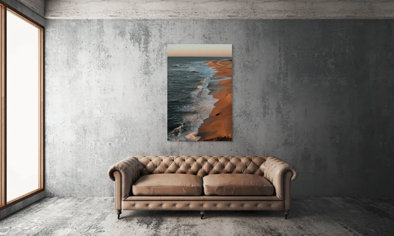Tablou Canvas, "Apus liniștit pe plajă pustie", Ocean, Apus, Nisip, Valuri, Liniște, Umbre, Coastă, 100 x 150 cm – poza 6