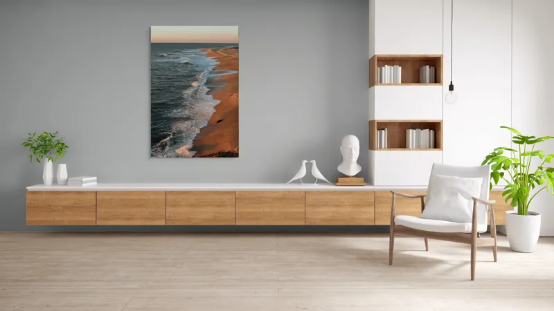Tablou Canvas, "Apus liniștit pe plajă pustie", Ocean, Apus, Nisip, Valuri, Liniște, Umbre, Coastă, 100 x 150 cm – poza 8