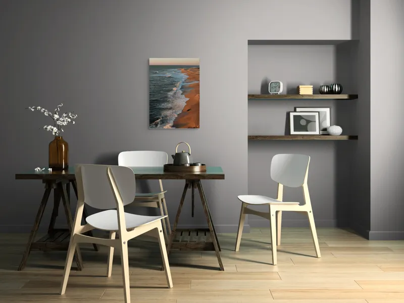Tablou Canvas, "Apus liniștit pe plajă pustie", Ocean, Apus, Nisip, Valuri, Liniște, Umbre, Coastă, 50 x 70 cm – poza 5