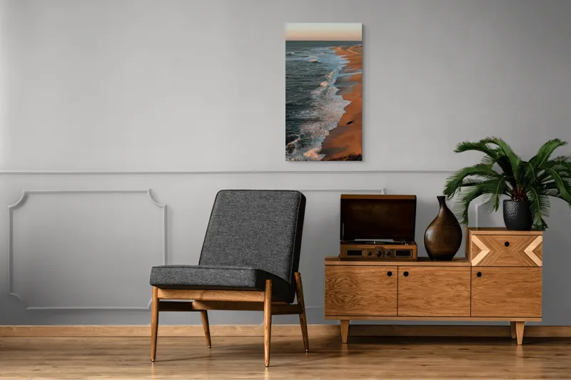 Tablou Canvas, "Apus liniștit pe plajă pustie", Ocean, Apus, Nisip, Valuri, Liniște, Umbre, Coastă, 50 x 90 cm – poza 8