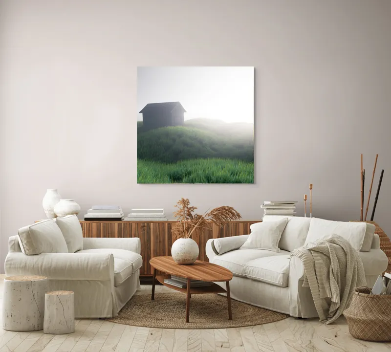 Tablou Canvas căsuță singuratică în zori de ceață, 100 x 100 cm – poza 3