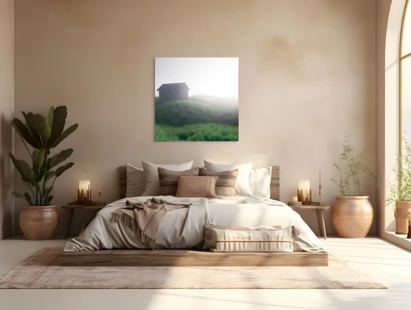 Tablou Canvas căsuță singuratică în zori de ceață, 100 x 100 cm – poza 4