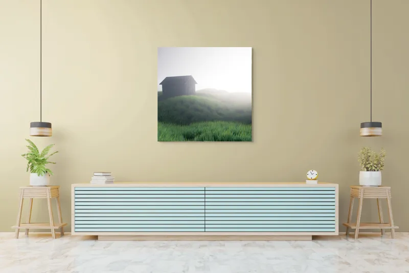 Tablou Canvas căsuță singuratică în zori de ceață, 100 x 100 cm – poza 5