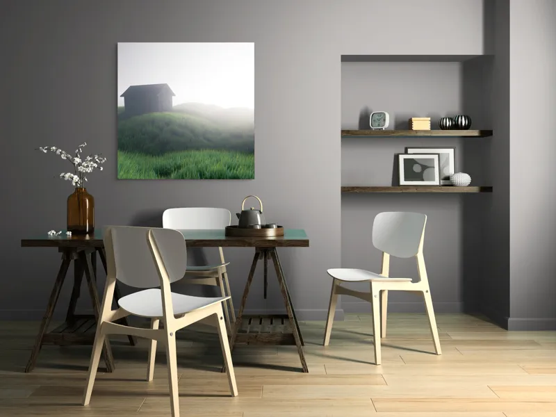 Tablou Canvas căsuță singuratică în zori de ceață, 100 x 100 cm – poza 6