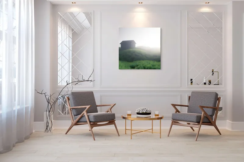 Tablou Canvas căsuță singuratică în zori de ceață, 100 x 100 cm – poza 7