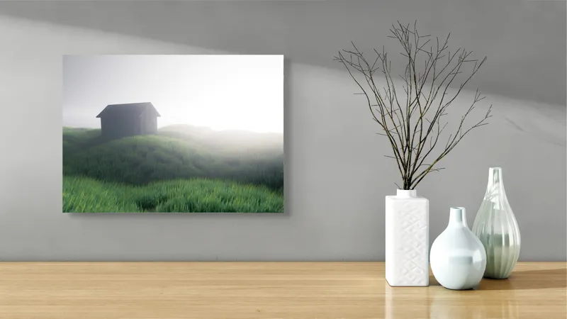 Tablou Canvas căsuță singuratică în zori de ceață, 54 x 39 cm – poza 3