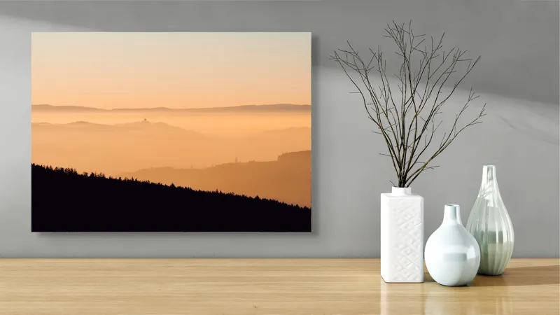 Tablou Canvas Peisaj Noric cu Apus, Dealuri și Ceață, 70 x 50 cm – poza 3