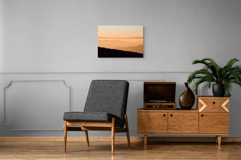 Tablou Canvas Peisaj Noric cu Apus, Dealuri și Ceață, 70 x 50 cm – poza 4