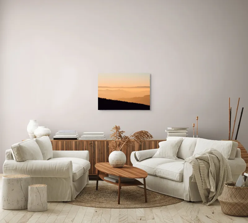 Tablou Canvas Peisaj Noric cu Apus, Dealuri și Ceață, 70 x 50 cm – poza 6