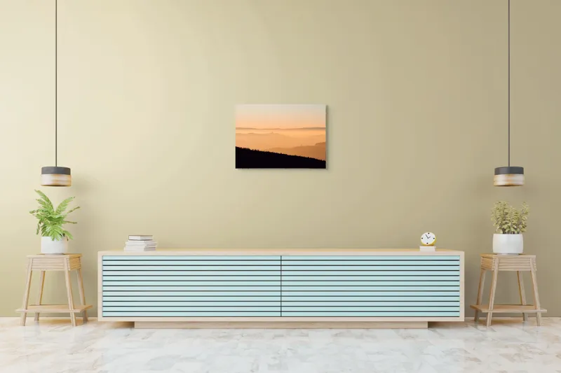Tablou Canvas Peisaj Noric cu Apus, Dealuri și Ceață, 70 x 50 cm – poza 7