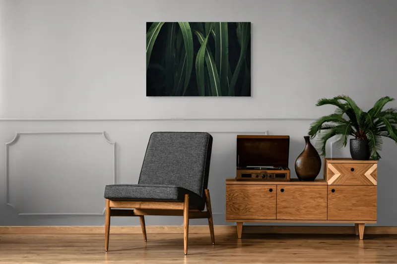 Tablou Canvas, "Verde proaspăt în dansul naturii", Frunze, Verde, Umezeală, Întunecat, Natură, Textură, Vegetație, 100 x 70 cm – poza 8