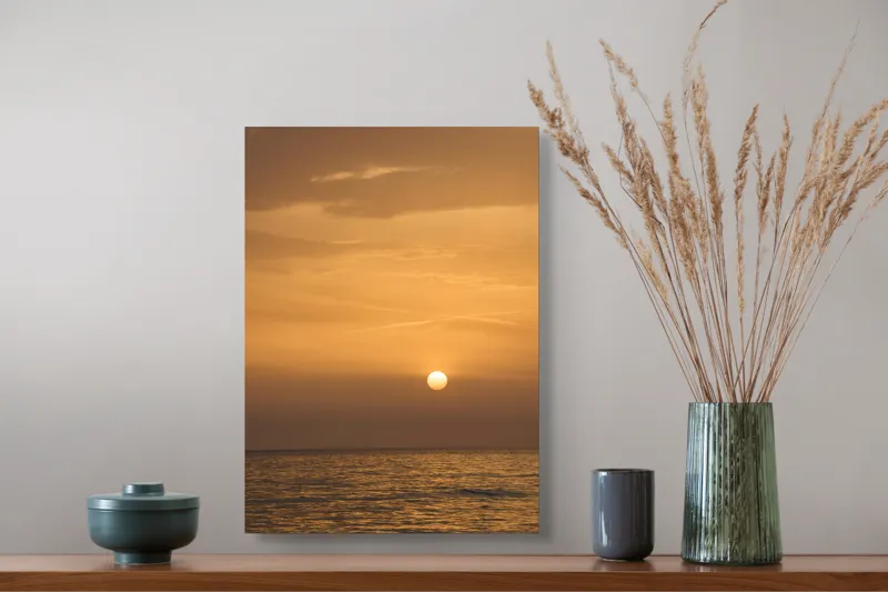 Tablou Canvas, "Apus de soare peste ocean", Apus, Aur, Calm, Ocean, Nor, Strălucire, Apă, Lumină, Cer, Reflexie, 39 x 54 cm – poza 3