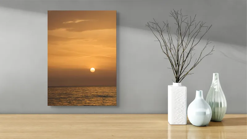 Tablou Canvas, "Apus de soare peste ocean", Apus, Aur, Calm, Ocean, Nor, Strălucire, Apă, Lumină, Cer, Reflexie, 39 x 54 cm – poza 4