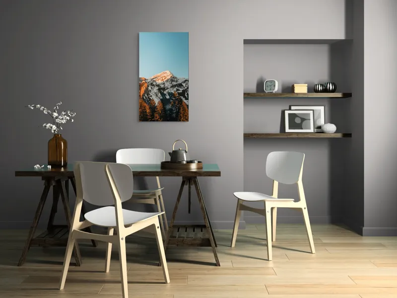 Tablou Canvas, "Muntele strălucind în lumina apusului", Munți, Zăpadă, Apus, Pini, Cer, Horizon, Stânci, Lumină, 50 x 90 cm – poza 4