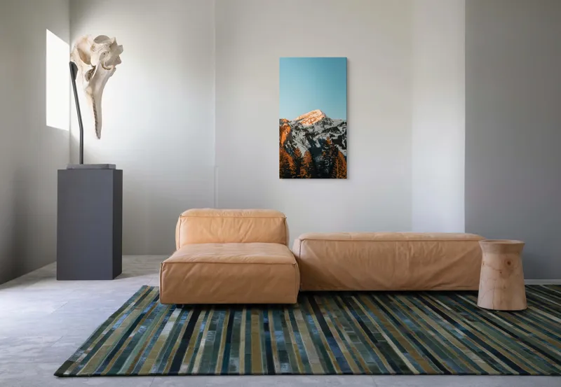 Tablou Canvas, "Muntele strălucind în lumina apusului", Munți, Zăpadă, Apus, Pini, Cer, Horizon, Stânci, Lumină, 50 x 90 cm – poza 5