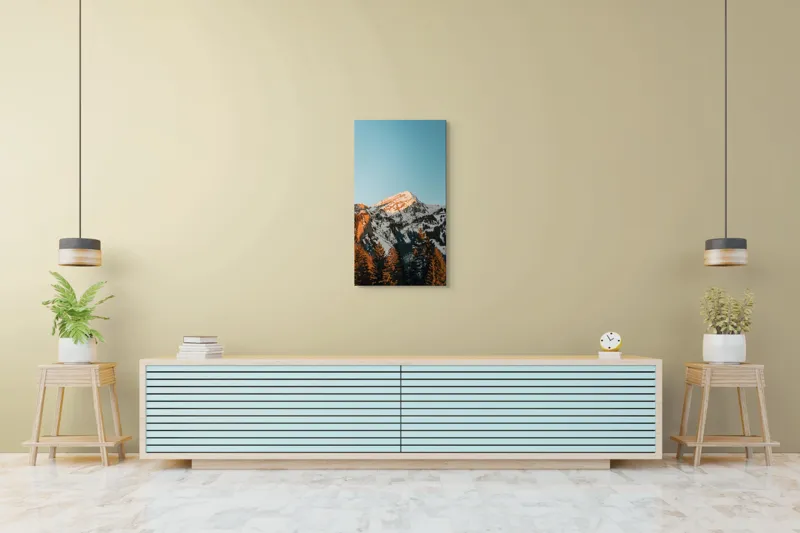 Tablou Canvas, "Muntele strălucind în lumina apusului", Munți, Zăpadă, Apus, Pini, Cer, Horizon, Stânci, Lumină, 50 x 90 cm – poza 6