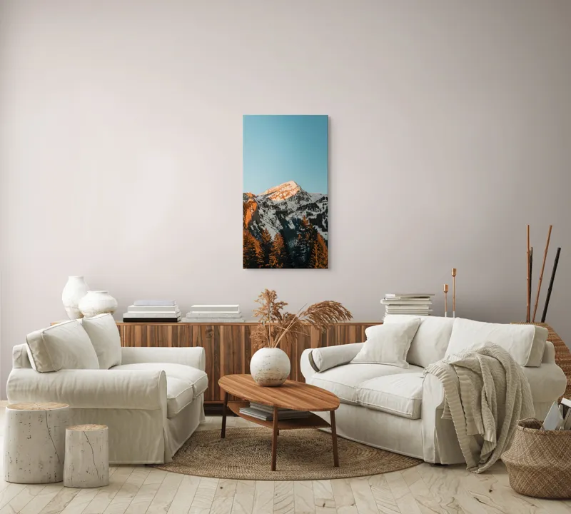 Tablou Canvas, "Muntele strălucind în lumina apusului", Munți, Zăpadă, Apus, Pini, Cer, Horizon, Stânci, Lumină, 50 x 90 cm – poza 7