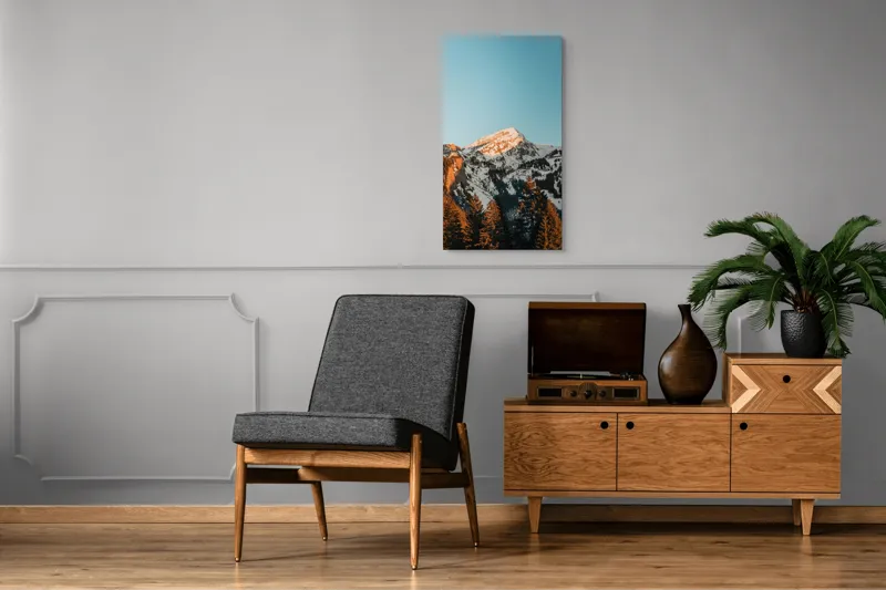 Tablou Canvas, "Muntele strălucind în lumina apusului", Munți, Zăpadă, Apus, Pini, Cer, Horizon, Stânci, Lumină, 50 x 90 cm – poza 8