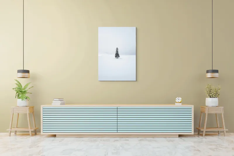Tablou Canvas, "Singurătatea unui brad în iarnă", Copac, Singurătate, Alb, Zăpadă, Cer, Calm, Liniște, Peisaj, Iarnă, Natură, 70 x 100 cm – poza 5
